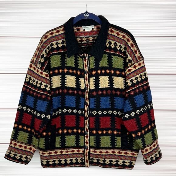 Elizabeth Gash England Vintage Pure New Wool Hand Knit Folk Art Pattern Cardigan - Picture 1 of 12